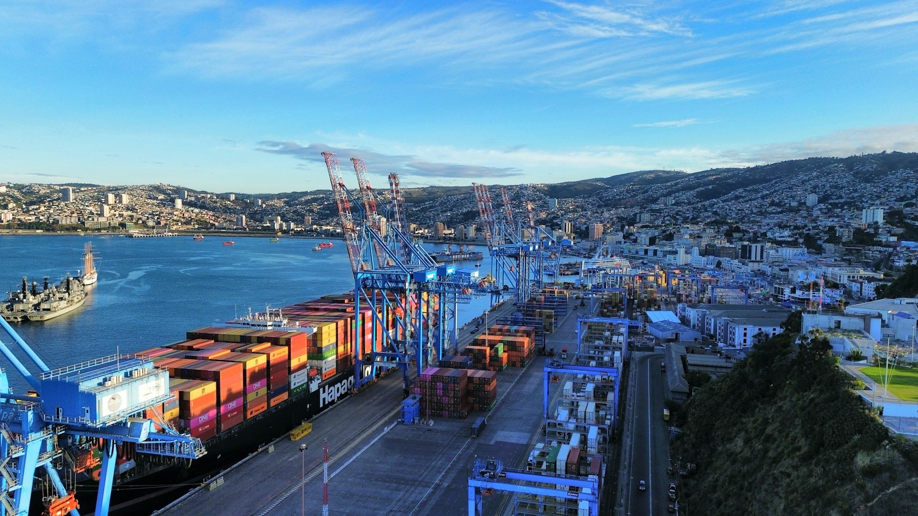 Cargo vessel being loaded at an international port